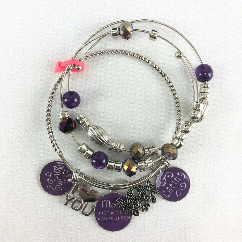 Mom Charm Bracelet Gift Silver-tone Bangle with Purple Beads